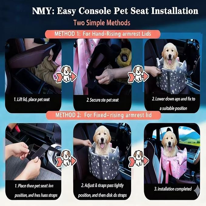 Console Dog Car Seat - Portable Dogs Armrest Booster Seat for Small Dog, Anti-Collapse Pet Car Seat with Soft Cushion Safety Belt, Support Pet Up to 15lbs (Blue& White Stripes)