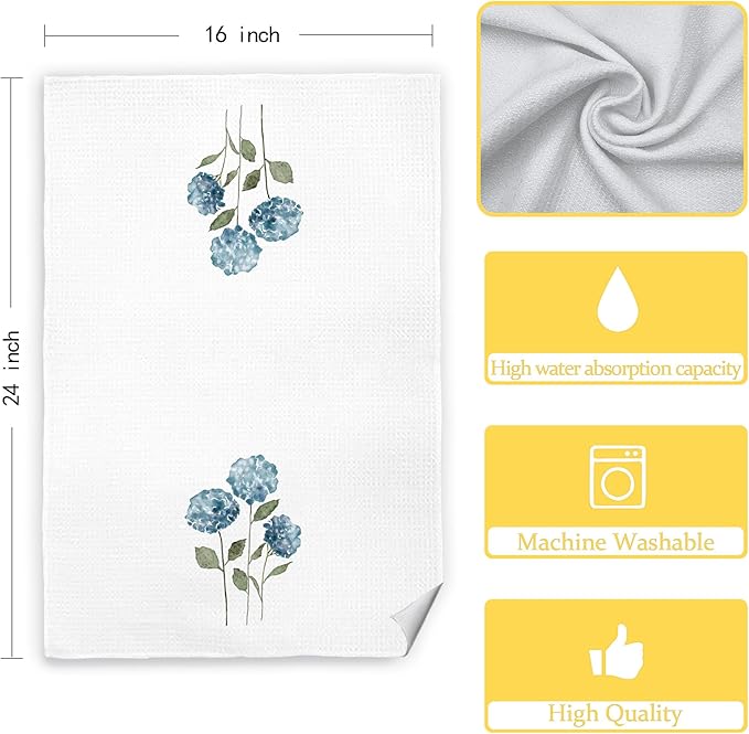 Blue Hydrangea Flowers Floral Kitchen Towels Set of 2 - Summer Flowers Decorative Hand Towels for Bathroom, Blue Hydrangea Decor Dish Towels for Kitchen, Floral Hand Towels, 16x24