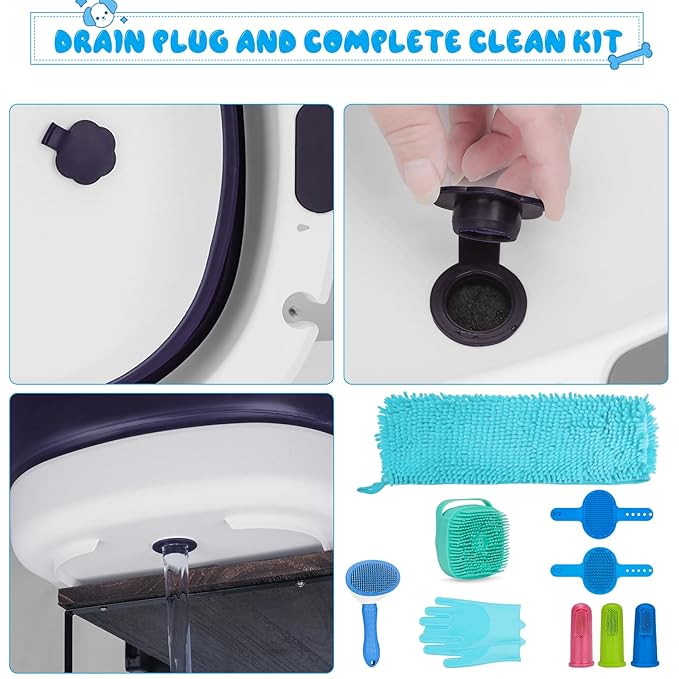 Dog Washing Dog Bathing Kit - Include Collapsible Pet Bathtub with Water Drain Plug,Cleaning Slicker Brush,Dog Shampoo Brush,Grooming Brush,Drying Towel,Tooth Brush and Dog Washing Glovves