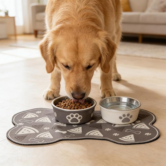 Dog Food Mat, 0.15” Thickened Super Absorbent Pet Feeding Mat for Food and Water, Fruit Donut Pattern Cat Placemat, Quick Dry Non-Slip Dog Bowl Mat, Water Splash Proof(Large Watermelon Grey)