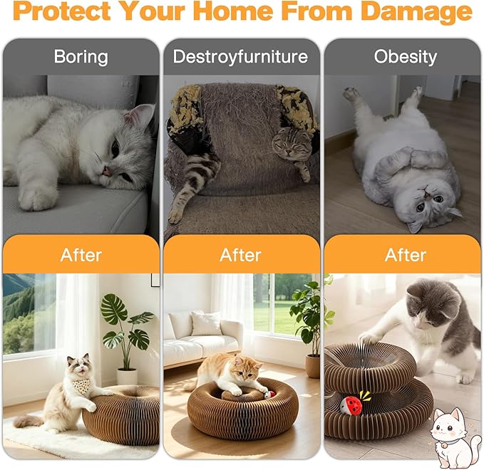 2 PCS Magic Organ Cat Scratcher Board with 6 Balls, Foldable Recyclable Accordion Cats Toy with Ball and Track Adventure, Cat Scratching Pad, Retractable Reversible Furniture Protector(Brown)