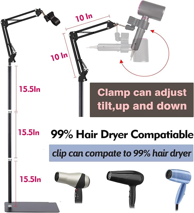 Hair Dryer Stand Holder 360 Rotate Hair Dryer Holder Stand Floor,Adjustable Hands Free Blow Dryer Floor Stand , Blow Dryer Stand Hands Free Clip Suitable for 99% Hair (Black)