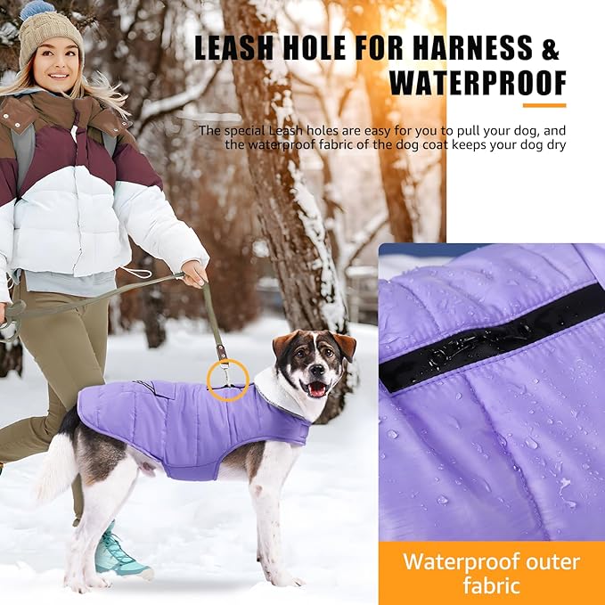 Dog Winter Coat for Large Dogs, Easy on Dog Snow Fleece Coat Velcro Waterproof Pet Puffer Clothes with Harness Hole Adjustable Reflective Quilted Pet Cold Weather Vest Wind-poof for Girl Female