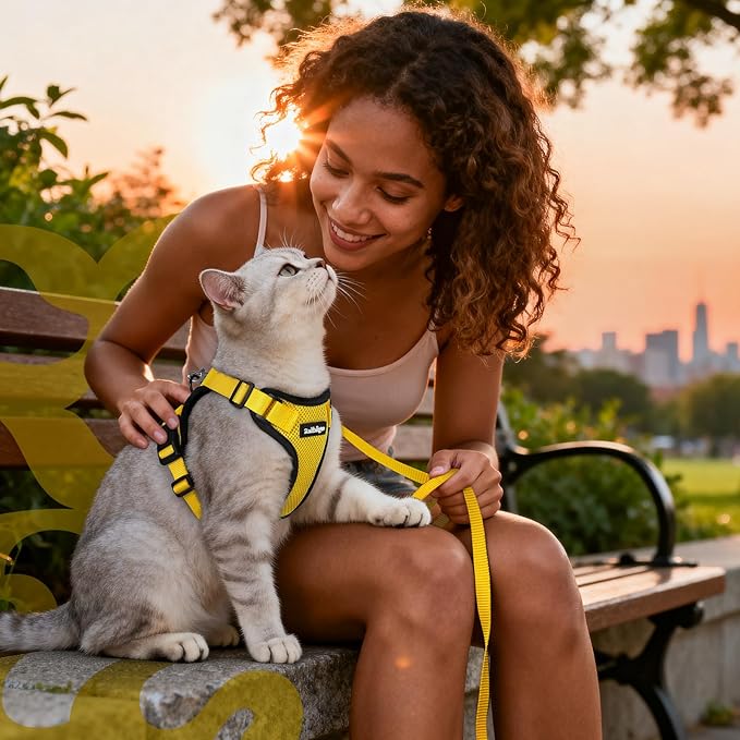 rabbitgoo Cat Harness and Leash Set, Escape Proof Vest Harness for Safe Outdoor Walks, Soft Breathable Adjustable Vest with Reflective Strips for Small and Average Cats, Yellow, S
