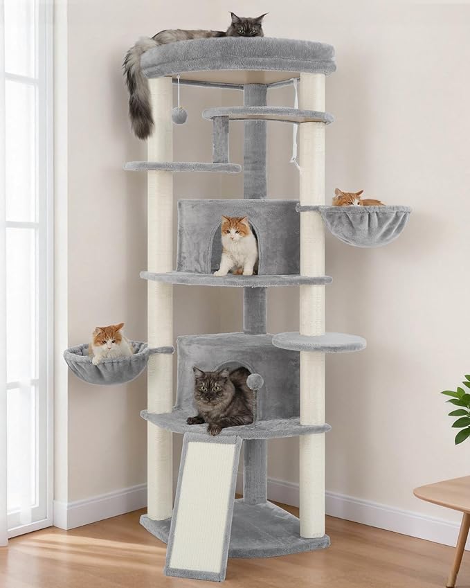 Gitelsnour Corner Cat Tree for Indoor Cats, Cat Tower with All Sisal Scratching Posts, Multi-Level Cat Condo wth 2 Large Cat Caves, Big Top Perch, 2 Hanging Baskets, Sisal Ramp, Light Gray GCT035W