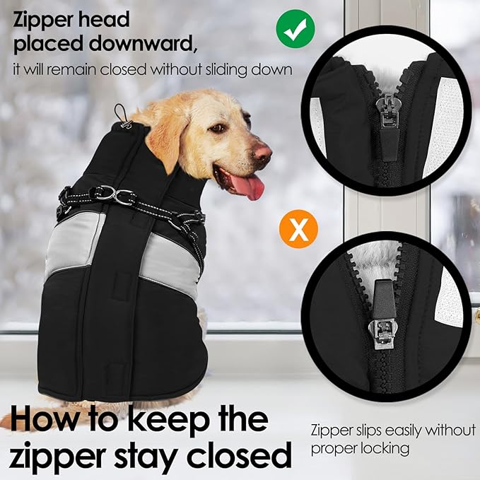 AOFITEE Dog Coats for Large Dogs, Dog Winter Coat, Dogs Coat with Harness Built in, Reflective Waterproof Pet Jacket with Furry Collar, Warm Fleece Pet Sweater for Doberman, Great Dane, Black XXL