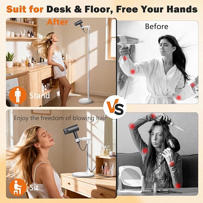 Hair Dryer Stand Hands Free, 17-51in Height Adjustable, 360-Degree Rotating Blow Dryer Stand, Universal Grip Works for 99% Blow Dryer, Metal Hair Dryer Holder Stand for Bathroom, Vanity, Makeup Room