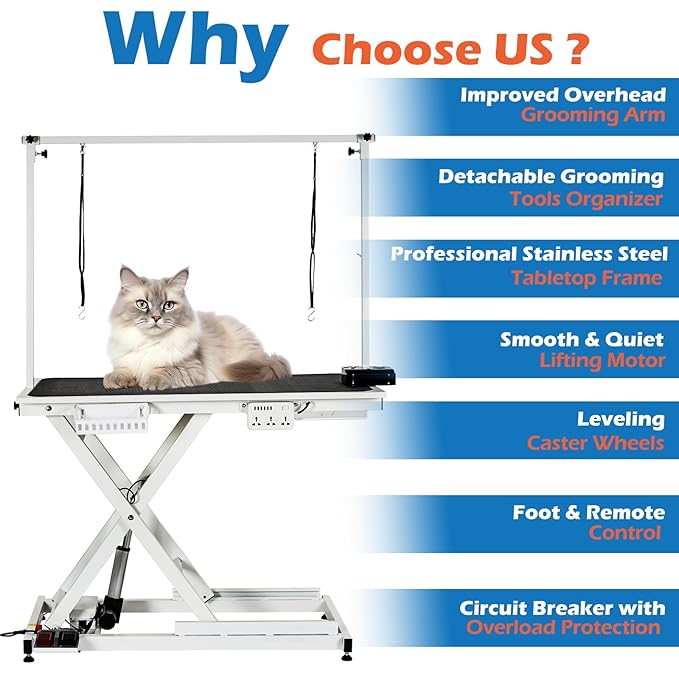 GarveeHome 50" Dog Grooming Table, Electric Hydraulic Grooming Table with Aluminium Overhead Arm, Anti Slip Tabletop, 6 USB Ports for Large Dogs At Home and Salon, Maximum Capacity Up to 300Lb, White