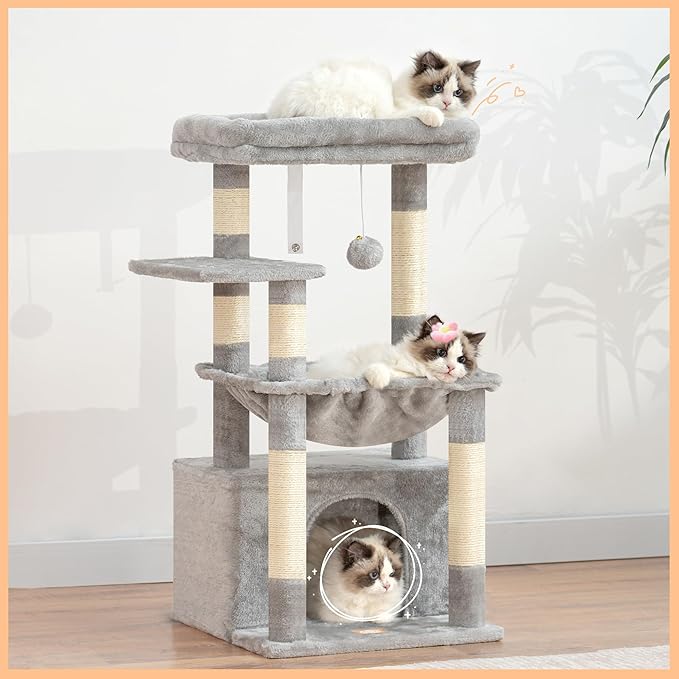 Heybly Cat Tree, Kitten Tower with Large Soft Cat Basket,Cat Condo with Spacious Cat Bed Cave with Hidden Space,Sisal-Covered Scratching Posts,Dangling Ball for Indoor Cats, Light Gray HCT008SW