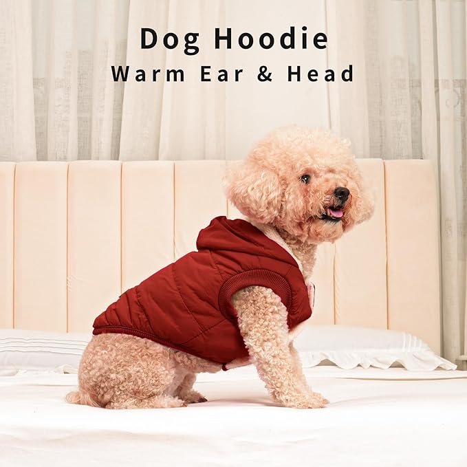 Vecomfy Fleece Lining Extra Warm Dog Hoodie in Winter,Small Dog Jacket Puppy Coats with Hooded,Red S