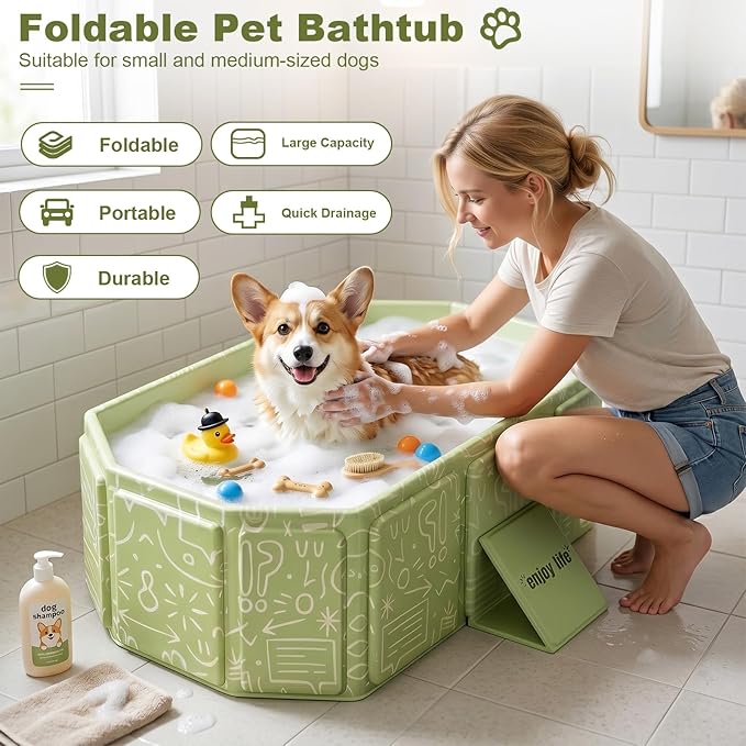 Foldable Dog Bathtub for Small to Medium Dogs & Cats, Collapsible Pet Bath Tub with Side Drain Plug, Portable Puppy Wash Tub, Rigid Panels, Fold-Flat for Carry & Storage