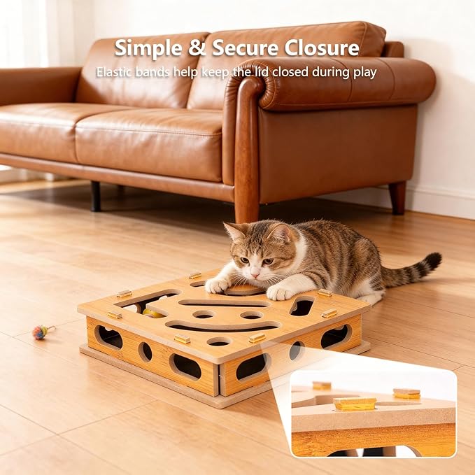 Cat Nail File Scratcher, Cat Claw Saver Box with Replaceable Sandpaper, Stress-Free Nail Care, Interactive Maze Scratcher with Bell Ball for Indoor Cats