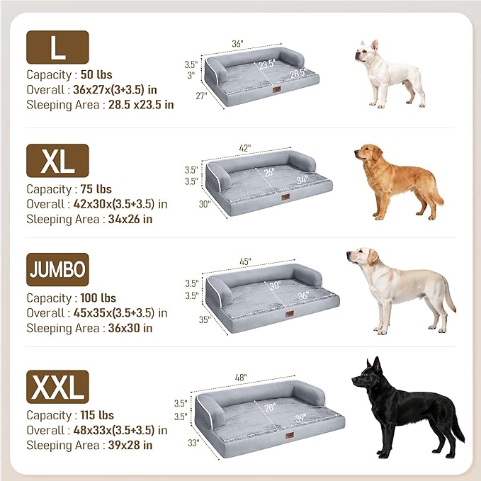 Comfort Expression Extra Large Dog Bed - XXL Orthopedic Washable Bed for Big Dogs - Waterproof Non-Slip Pet Couch Bolster with Removable Cover, 48 x 33