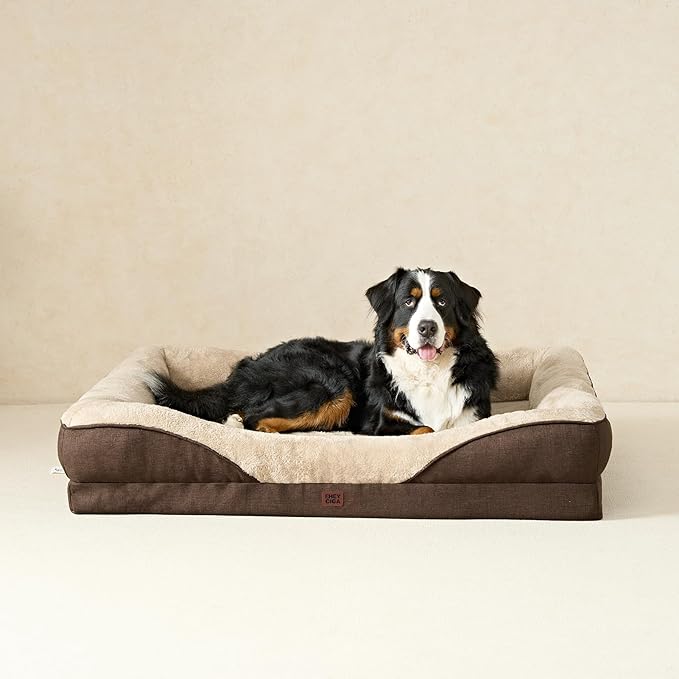 EHEYCIGA Orthopedic Dog Bed for Medium Dog, 35x22 Inch Memory Foam Dog Couch Bed with Sides, Waterproof Liner & Washable Removable Cover, Bolster Pet Sofa, Brown
