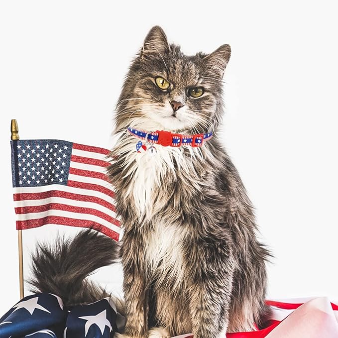 PUPTECK Cat Collar Breakaway with Bells, Kitten Collar Outfit Adjustable for Girl Boy Small Pet Puppy Bunny, Cute Costume Accessory with Safety Release Buckle (American Flag)