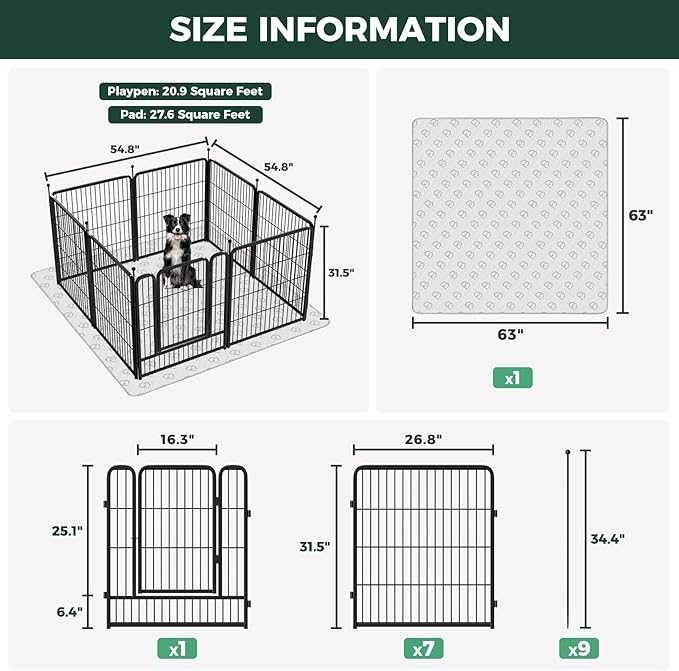 FXW Rollick Unleashed Dog Playpen for Indoor, Yard, RV Camping, 32 inch 8 Panels Dog Pen with Washable Pee Pad for Small and Medium Dogs, Black│Patented
