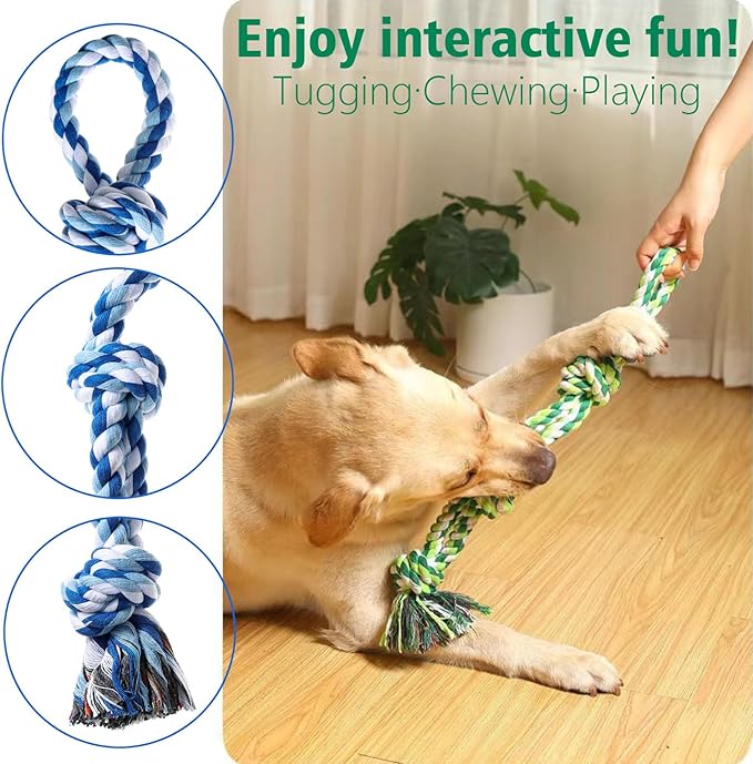 XIGOU Dog Rope Toys Indestructible Dog Toys, Dog Chew Toys for Aggressive Chewers, Tough Puppy Teething Chew Toys for Boredom, Dental Cleaning Tug of War Dog Toy, Great for Small to Large Breed, Blue