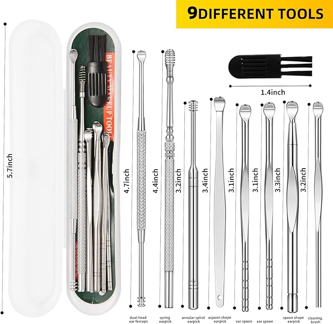 9 Pcs Ear Pick Earwax Removal Kit, Ear Cleansing Tool Set, Ear Wax Removal Tool, Ear Curette Ear Wax Remover Tool with a Cleaning Brush and Storage Box, Medical Grade, for Children and Adults,Silver