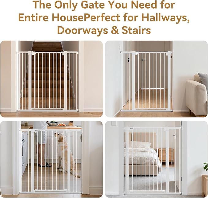 43 inch Tall Safety Dog Gate Adjustable 29.7-57 inch Extra-Wide Metal Pet Gate Drill-Free Pressure-Mount Installation kit Self-Closing Cat Gate for Stairwells、Doorways(White)