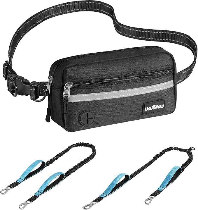 VavoPaw Hands Free Dog Leash for 2 Dogs with Pouch, Waist Leash for Dog Walking, Jogging, Hiking, Retractable Leashes with Dual Padded Handles, Adjustable Reflective Belt for Small, Medium, Large Dogs