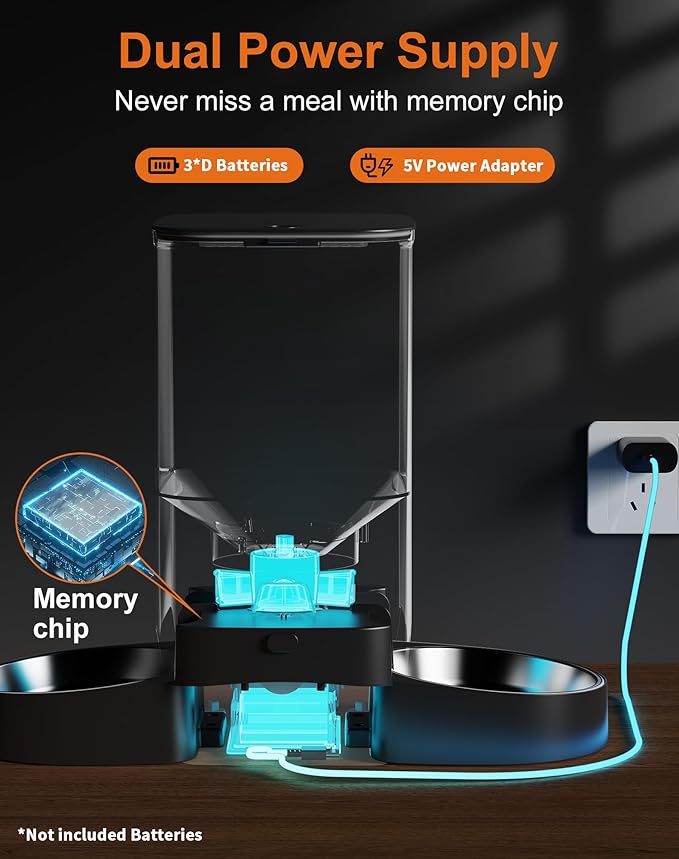 HoneyGuaridan 5L Automatic Cat Feeder for Two Cats, 2.4/5G WiFi Smart Feed Pet Feeder with Stainless Steel Bowl,APP Control Dispenser, Dual Power Supply,Desiccant Bag,10s Meal Call Black