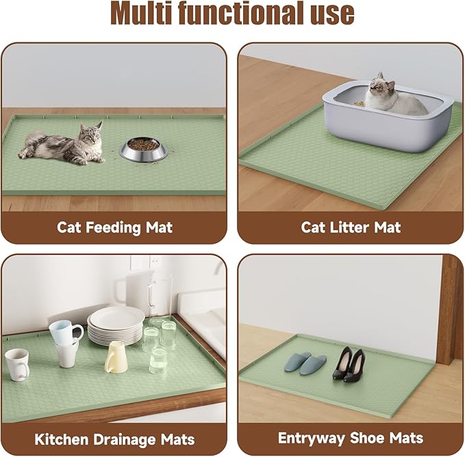 Cat Litter Mat, 34" X 22" Large Silicone Mat Cat Litter Trapping Mat, Waterproof Litter Box Mat, Soft on Kitty Paws, Urine-Proof, Easy to Clean, Non-Slip Kitty Litter Mat for Floor(Green)