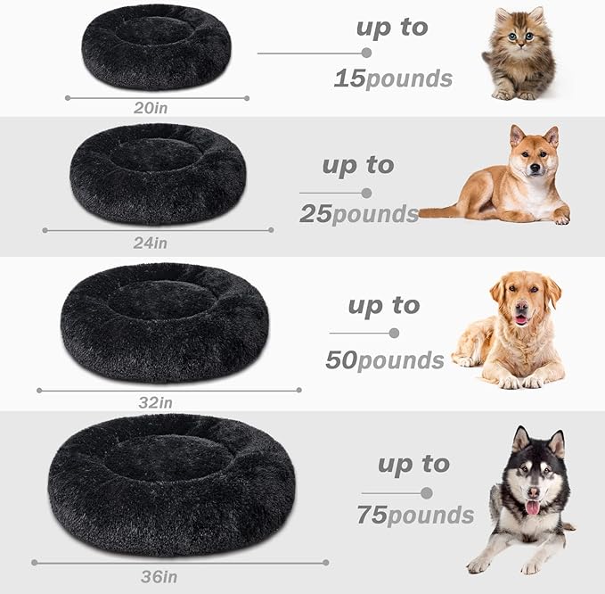 Patas Lague Calming Dog Bed for Large Dogs, Fluffy Soft Cozy Cat Bed, Faux Fur Anti-Anxiety Plush Washable Pet Donut Cuddler for All Seasons 36IN, Black