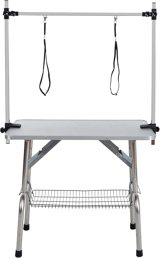 Professional Dog Pet Grooming Table Adjustable Heavy Duty Portable w/Arm & Noose & Mesh Tray (Grey, 46")