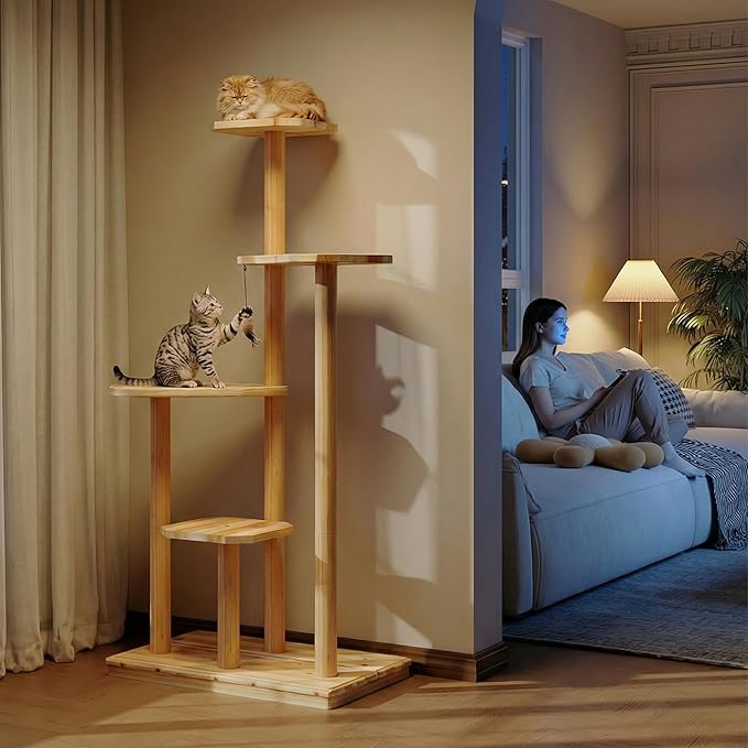 60" Tall Outdoor Cat Tree, Cat Tower Weatherproof for Patio,Garden,Balcony, Durable 4-Tier Natural Wood w/Scratching Posts for Multiple Cats,Outside&Indoor Adult Cats and Kittens Play, Climbing