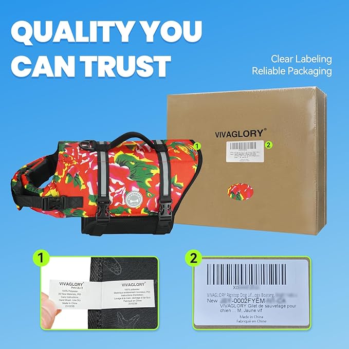 VIVAGLORY Rip Stop Dog Life Vest, Swimming Vest with Handle, Buoyancy for Doggy Puppy, Dog Life Jacket for Swimming & Boating, XL, Northeast Florals-Red
