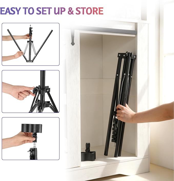 Hands-Free Hair Dryer Stand for Home Blow Drying, DIY Styling, Salon&Live Streaming Ideal for Long Hair Women Busy Moms People with Arm Shoulder Pain 30-62 Inch Adjustable Height Tripod, 360° Rotation