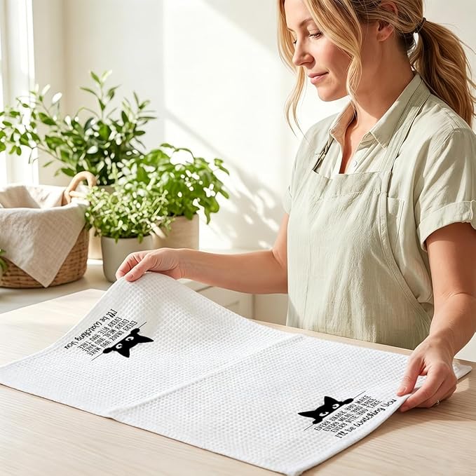 Hanamiya Na 2Pcs Funny Cat Kitchen Towels 24x14 Inch, Reusable Durable Microfiber Dish Towel, Funny Quotes Tea Towels for Kitchen Home Bathroom Farmhouse Decor, Cat Gifts for Women Mom Friend
