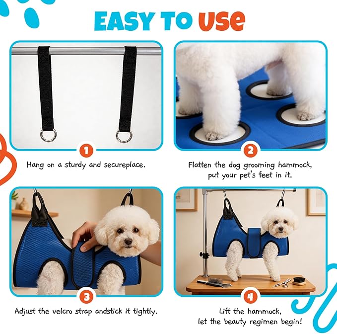 Dog Grooming Hammock Harness, Hanging Sling Restraint for Nail Clipping Small to Medium Dogs & Cats, with Nail Clipper and Comb Pet Grooming Hammock Kit-Small