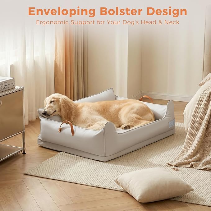 Removable Orthopedic Dog Beds for Large Dogs, Leather Memory Foam Dog Sofa Bed, Waterproof Durable Dogs Bed Couch with Non Skid Bottom for All Pet Sizes (Silver Gray, Large)
