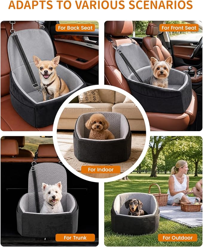NUPIDA Dog Car Seat for Small Dogs, Dog Booster Seat with Extendable Backrest, Pet Car Seats up to 30 lbs, Washable Removable Cover Travel Bed with Storage Pockets and 2 Safety Leashes, Black&Grey