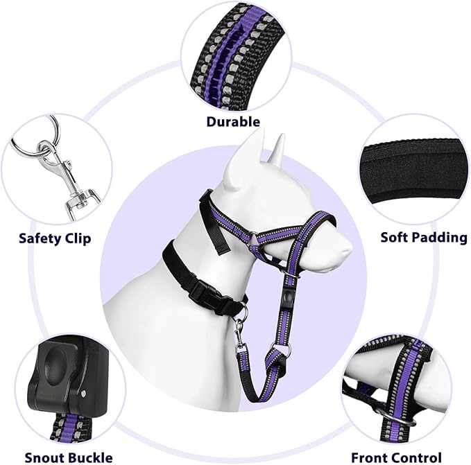 BARKLESS Soft Dog Head Collar, Patented Padded No Pull Head Halter, Training Nose Leash with Safety Link for Medium Large Dogs, Adjustable Muzzle Leash, Easy Control for Walking (M, Purple)