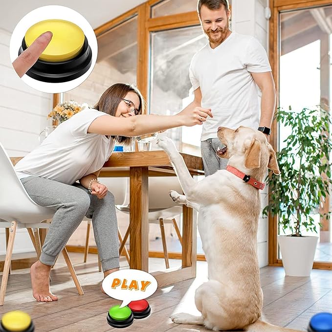 Dog Buttons for Communication, Set of 4 Color Dog Talking Button, 30s Voice Recordable Pet Training Tool, Speaking Buttons for Cats & Dogs with Scene Stickers and Rubber Mat (Red_B)