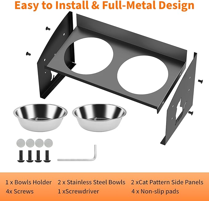 Elevated Cat Bowls with Splash Proof, 12°Tilted No Spill Raised Cat Food Water Bowls Set, Stainless Steel Pets Dishes with Adjustable Cute Metal Stand for Indoor Kitten Puppy, Anti-Vomiting