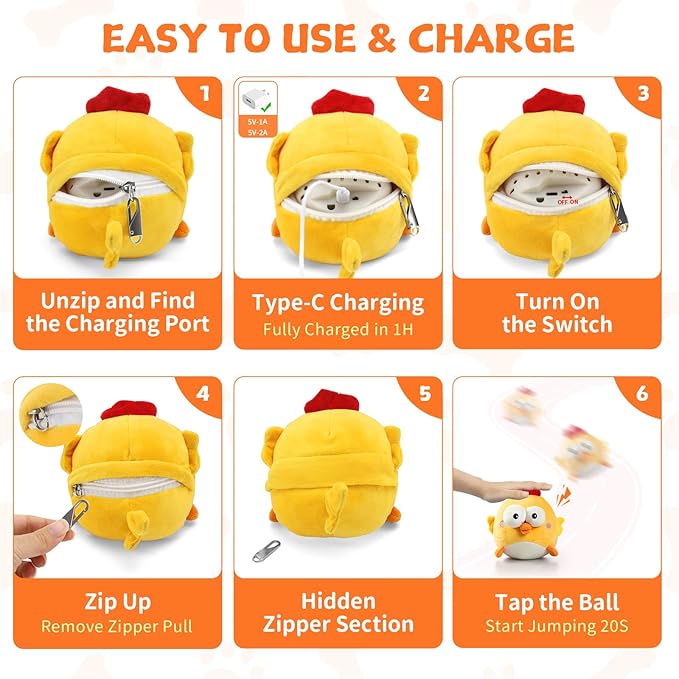Interactive Dog Toy Ball for Small Dogs, Rechargeable Chicken Bounce Ball with Upgrade Removable Zipper for Large Dogs, Squeaky Move Jump Toy for Pets Keep Busy, No Loud Music (Yellow Chicken)