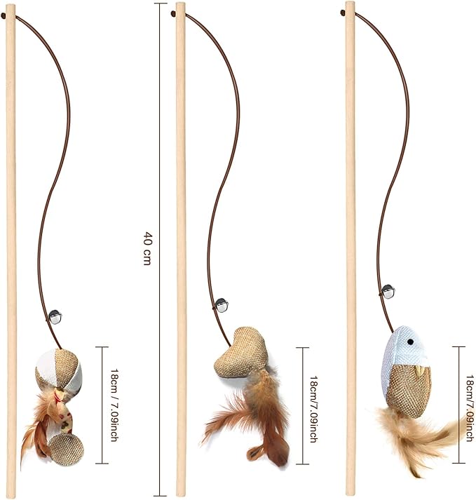 3-Piece Natural Wooden Cat Teaser Wand Toy Kit with 5 Silvervine Sticks and Elastic String Cat Pole Toy with Bell and Feather