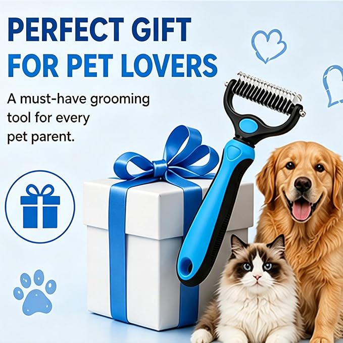 Pet Grooming Tool for Dogs & Cats, Includes Dual-Sided Dematting Comb & Stainless Steel Comb, Deshedding Brush for Long Hair, Thick & Double Coats, Pet Shedding & Loose Hair Removal Tool (Black)