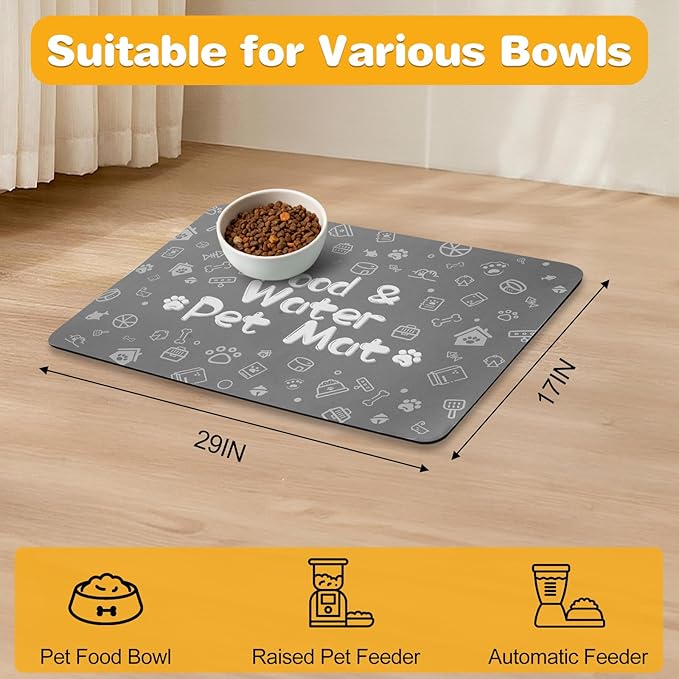 Pet Feeding Mat,Dog Cat Mat for Food and Water,Dog Bowl Waterproof Placemat with Rubber Backing,Absorbent Quick Dry Water Dispenser Mat for Pet(Dark Gray 17"×29")
