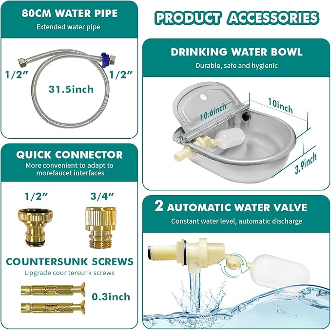 Automatic Water Dispenser for Dogs, Animal Drinking Water Bowl with 2 Float Valve,304 Stainless Steel auto self Filling Dog Water Bowl Dispenser Outdoor Livestock Water Bowl Kit for Chicken.