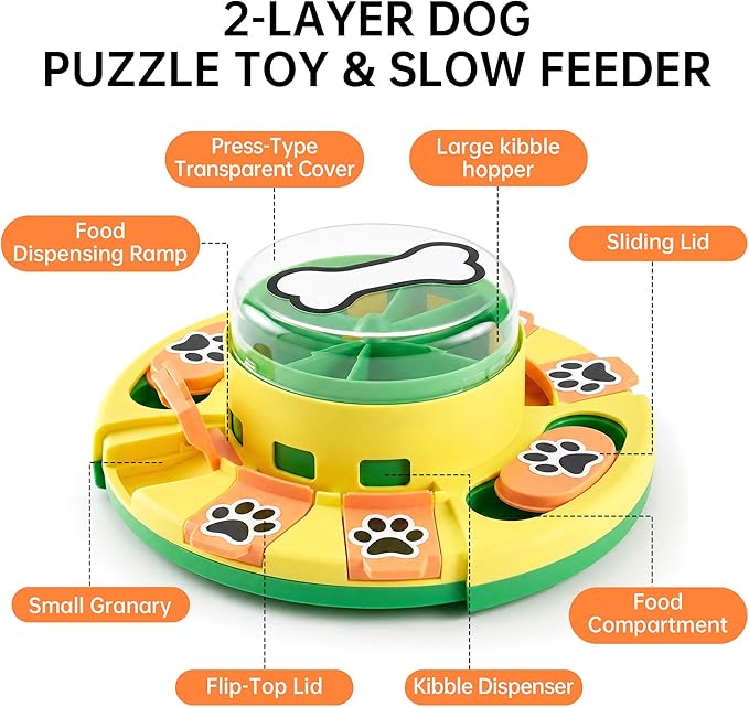Dog Puzzle Toy 2 Levels, Slow Feeder, Pup Food Treat Feeding Dispenser for IQ Training and Entertainment for All Breeds,Green with Pattern