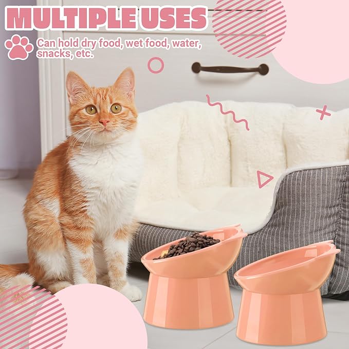 Zhehao 2 Pcs Elevated Cat Bowl Set, Tilted 15° Plastic Raised Food and Water Bowls Anti Vomit Pet Feeding Dishes for Indoor Cats/Small Dogs(Cat Ears,Peach)