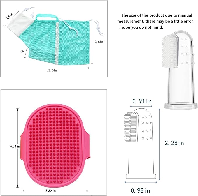 Adjustable Multifunctional Anti-Bite Shower Net, Cat Grooming Mesh Bag, Cat Bath Brush and Pet Finger Toothbrush (B-Pink)