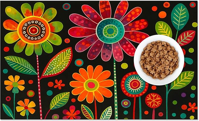 HOMETITUTE Vibrant Flower Pattern Pet Food Mat Spill-Proof Cat Feeding Mats Non-Slip Mat for Dog Food and Water Bowls Trendy Easy Clean Fast Dry Cat Food Mats for Indoor Cats 20" x 12"