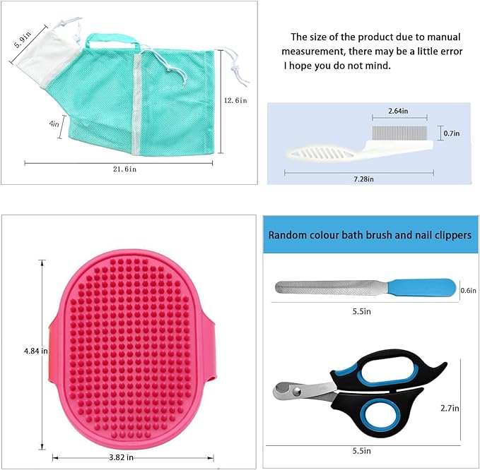 Adjustable Multifunctional Anti-Bite Shower Mesh Bag, Cat Grooming Net, Bath Brush and Cat Nail Clipper (A-Pink)