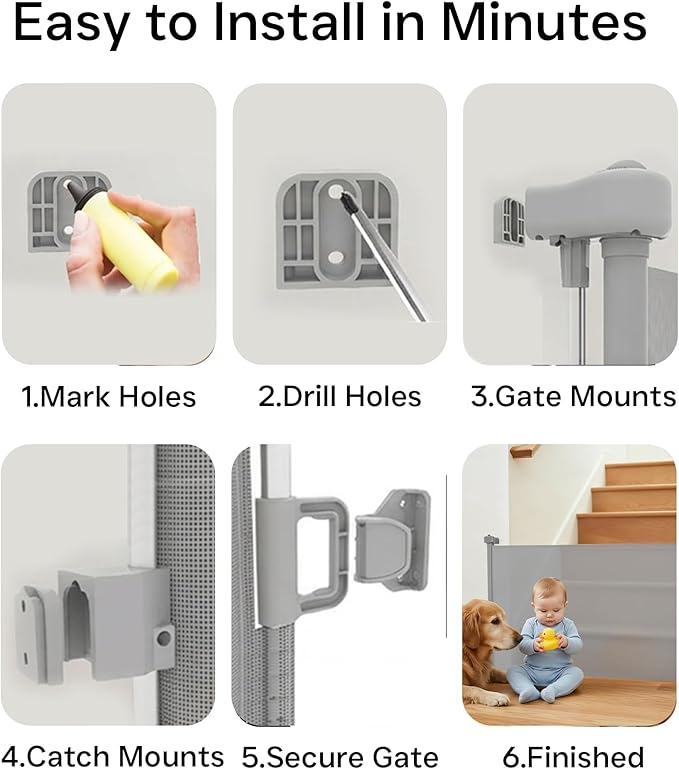 Retractable Baby Gate,Mesh Baby Gate or Mesh Dog Gate,34" Tall,Extends up to 55" Wide,Child Safety Gate for Doorways, Stairs, Hallways, Indoor or Outdoore (Gray, 55''Wide 34''Tall)