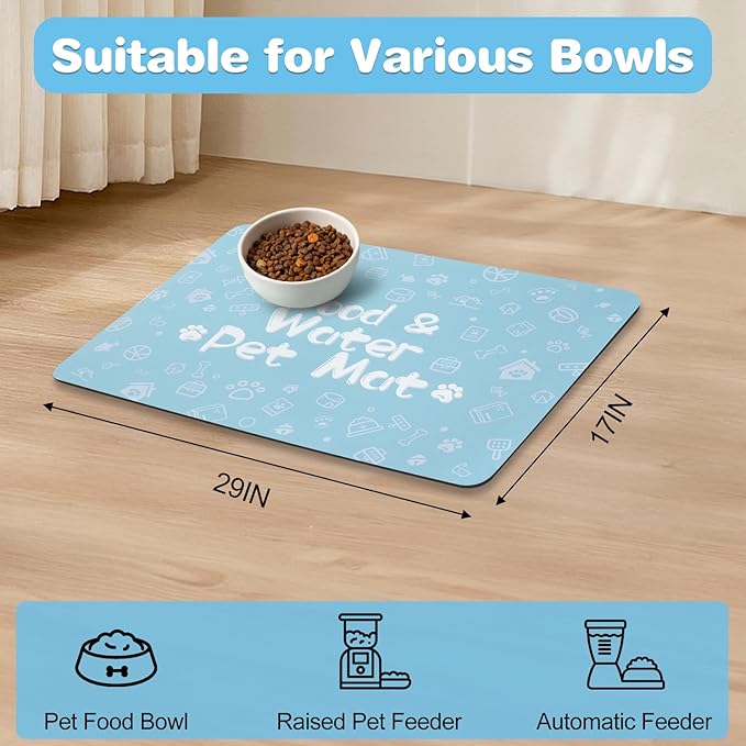 Pet Feeding Mat,Dog Cat Mat for Food and Water,Dog Bowl Waterproof Placemat with Rubber Backing,Absorbent Quick Dry Water Dispenser Mat for Pet(Blue 17"×29")